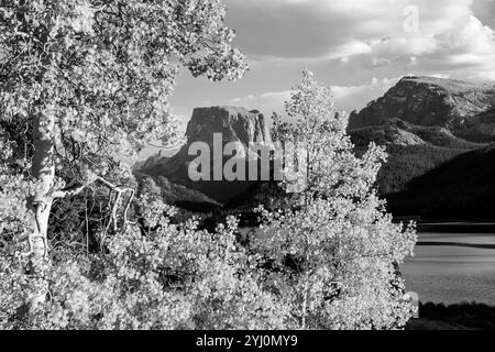 WY01801-00-BW...... WYOMING - Squaretop Mountain encadré par des arbres de tremble le long des lacs de Green River dans la nature sauvage de Bridger, forêt nationale de Bridger. Banque D'Images