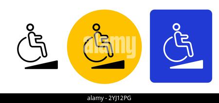 Symbole de signe adapté aux fauteuils roulants autocollant accès désactivé bannière emblème rampe icône jaune bleu Illustration de Vecteur
