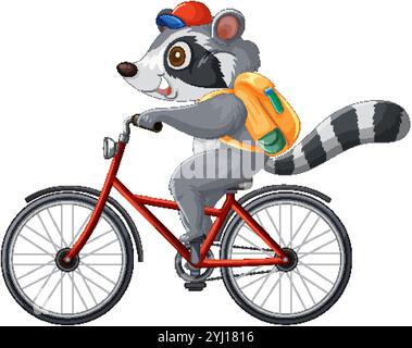 Un raton laveur roule joyeusement sur un vélo rouge Illustration de Vecteur