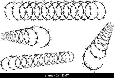 Chaîne de frontière de clôture de fil de fer barbelé avec épines et picots illustration vectorielle isolée sur fond blanc. Illustration de Vecteur