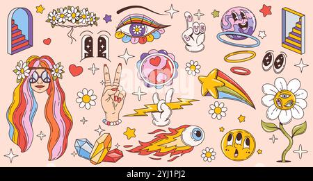 Symboles hippie groovy rétro, emoji sourire de dessin animé, fleurs de Marguerite psychédéliques et personnages vectoriels de planète. Fille heureuse avec des cheveux de couleur arc-en-ciel et des lunettes de soleil de signe de paix, main de victoire et escaliers trippy Illustration de Vecteur