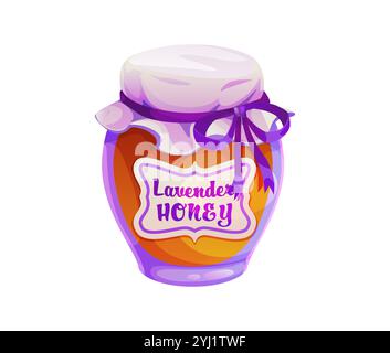 Pot de dessin animé de miel de lavande décoré avec ruban violet, étiquette et bouchon en papier. Récipient en verre vectoriel isolé avec un produit naturel doux, nourriture de dessert de miel de fleur sauvage florale avec saveur à base de plantes Illustration de Vecteur