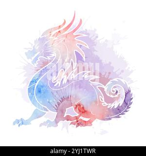 Illustration vectorielle de la silhouette de dragon aquarelle sur les éclaboussures de peinture. Silhouette d'une créature mythologique sur aquarelle multicolore éclaboussures pour Illustration de Vecteur