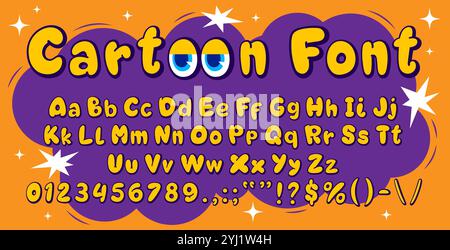 Type de police de bulle de bande dessinée, police de caractères de ballon, lettres de l'alphabet gras et chiffres avec des yeux de dessin animé drôles, ensemble de typographie vectorielle. Bande dessinée, jeu pour enfants ou police bulle graffiti avec caractères abc orange Illustration de Vecteur