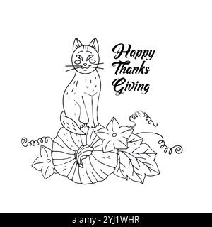 Carte de voeux de Thanksgiving avec chat mignon et citrouille et texte joyeux jour de Thanksgiving Illustration de Vecteur