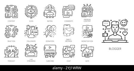 Icônes de ligne de blog, médias sociaux et contenu multimédia, blog, article web et post en ligne. L'Internet vectoriel, le marketing numérique et les technologies de réseau décrivent les symboles de l'ordinateur portable et du blogueur Illustration de Vecteur