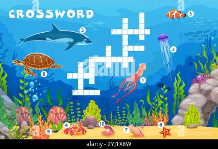 Grille de jeu de mots croisés avec des animaux marins sous-marins, y compris un dauphin, une tortue et un crabe, méduses, poissons-clowns ou calmars. Feuille de travail éducative Vector pour enseigner aux enfants le vocabulaire lié à l'océan Illustration de Vecteur