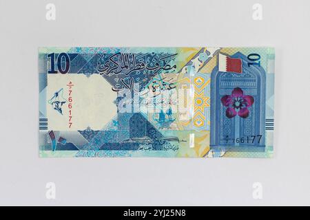 Qatar 10 riyals billet de banque avec des motifs géométriques traditionnels, le drapeau de l'État du Qatar, la flore qatarienne (Dreama). Porte d'entrée à l'intérieur de Qatar State Mosq Banque D'Images