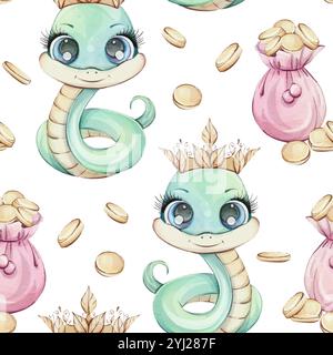 Princesse de serpent vert avec couronne parmi les sacs roses pleins de pièces d'or aquarelle motif sans couture sur fond blanc. Symbole richesse du nouvel an Chines Illustration de Vecteur