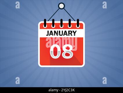 Janvier 2008, affiche suspendue calendrier. 8èmes jours du mois, illustration moderne. Style plat Illustration de Vecteur