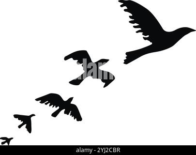 Silhouettes d'oiseaux volants dessinées à la main peintes à la main avec un pinceau à encre Illustration de Vecteur