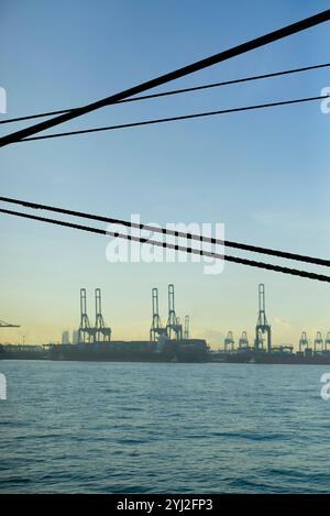 Grues silhouettes dans un port de navigation contre un ciel dégagé au lever ou au coucher du soleil, avec des lignes électriques visibles au premier plan, Singapour Banque D'Images