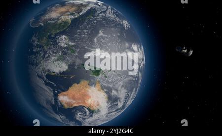 Illustration de la Terre vue de l'espace montrant des continents avec un satellite en orbite à proximité. Banque D'Images