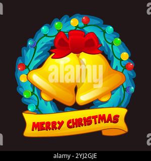 Icône de couronne de Noël avec ruban et cloches dorées, Joyeux Noël, Joyeux Noël. Autocollant ou signe vectoriel Illustration de Vecteur