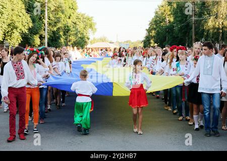 Romny, région de Sumy, Ukraine. Journée de la jeunesse, 29 juin 2014. Jeunesse patriotique, garçons et filles, dans des vêtements traditionnels et avec un drapeau sur l'anniversaire et Banque D'Images