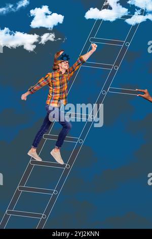 Image de collage de dessin créatif drôle de pensée créative homme grimpant les paramètres d'échelle d'ingénieur de modèle de panneau d'affichage métaphore Banque D'Images