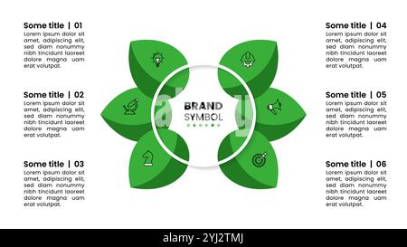 Modèle d'infographie avec icônes et 6 options ou étapes. Feuilles vertes. Peut être utilisé pour la mise en page de flux de travail, diagramme, bannière, webdesign. Illustration vectorielle Illustration de Vecteur