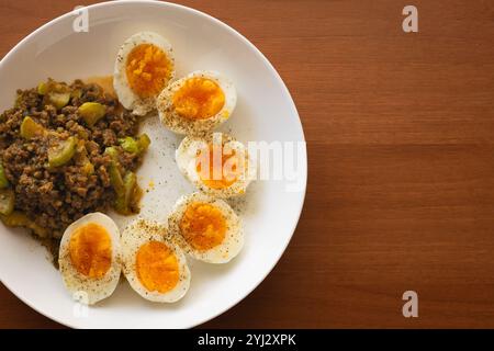 Gros plan des œufs durs blancs avec York jaune coupé en deux placés sur une assiette blanche avec du bœuf haché cuit. Manger sain, régime pauvre en glucides. Haut prot Banque D'Images