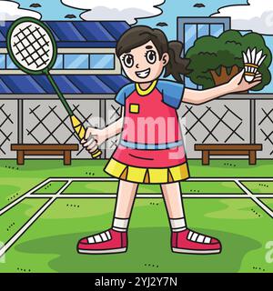 Raquette de joueur féminin de badminton Shuttlecock coloré Illustration de Vecteur