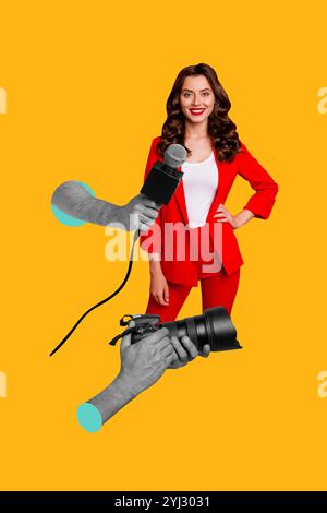 Composite tendance illustration 3D croquis image collage de jeune femme stand main main microphone parler interview de journaliste photocamera Banque D'Images