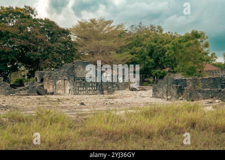 Vue des ruines faites de pierres de Corol à Kaole Ruins - un poste de traite du 13ème siècle et fort colonial allemand à Bagamoyo, Tanzanie Banque D'Images