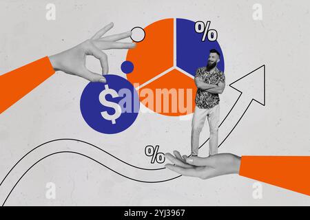 Composite tendance illustration croquis photo collage de photo de l'espace de travail de gestionnaire de bureau entreprise jeune gars stand énorme main flèche vers le dollar d'argent Banque D'Images