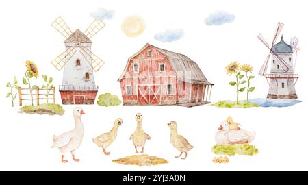 Illustrations de ferme, oies avec bébé Aquarelle Clip Art, bâtiments agricoles Clip Art, Red Farm House illustrations, Farm Aquarelle Clip Art, Banque D'Images