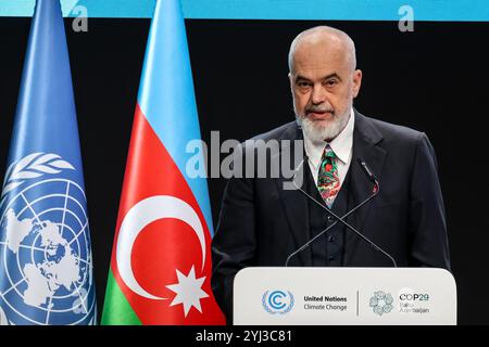 Bakou, Azerbaïdjan. 13 novembre 2024. EDI Rama, premier ministre albanais, prend la parole lors de la première partie du segment de haut niveau de la Conférence des Nations Unies sur les changements climatiques dans la salle plénière de Nizami pendant la COP29, un événement organisé par la CCNUCC au stade olympique de Bakou. La COP29, qui se déroulera à partir de novembre 11-22, se concentre sur la compensation carbone et le financement de la durabilité et de l’atténuation. (Photo de Dominika Zarzycka/SOPA images/Sipa USA) crédit : Sipa USA/Alamy Live News Banque D'Images