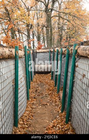 Région de Kharkiv, Ukraine. 07 novembre 2024. Tranchées et fortifications dans la région de Kharkiv en Ukraine pendant la guerre russo-ukrainienne. Dans la région de Kharkiv, les fortifications défensives jouent un rôle crucial pour assurer la sécurité dans un contexte de tensions persistantes. Les barrières en béton et les fils barbelés aident à empêcher les accès non autorisés et ajoutent des couches de protection. Ces structures sont stratégiquement placées à travers des champs ouverts pour dissuader les menaces potentielles. (Photo de Mykhaylo Palinchak/SOPA images/Sipa USA) crédit : Sipa USA/Alamy Live News Banque D'Images