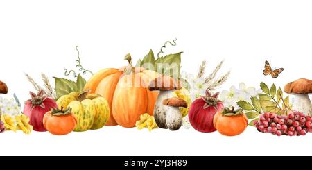 Récolte de jardin d'automne d'aquarelle de citrouilles, champignons, blé, grenades et canneberge dessinée à la main bordure sans couture Banque D'Images