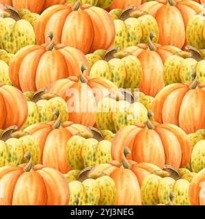 Motif sans couture de citrouilles aquarelle jaune orange pour la saison des récoltes. Gourdes d'automne réalistes dessinées à la main pour Thanksgiving Banque D'Images