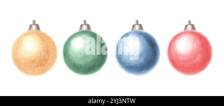 Boules d'arbre de Noël, lampes pour guirlande. Ensemble de décorations de maison festives du nouvel an. Illustration d'aquarelle dessinée à la main isolée. Vacances d'hiver Banque D'Images