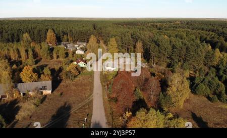 Vue aérienne d'un sentier de gravier serpentant à travers un village pittoresque au milieu d'un feuillage d'automne vibrant Banque D'Images