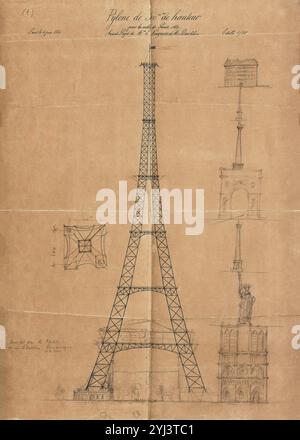 Illustration vintage de Paris. La Tour Eiffel comparée à d'autres édifices monumentaux (notre Dame, Statue de la liberté, Arc de Triomphe...) Banque D'Images