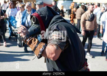 Montcada i Reixac. Espagne - 13 novembre 2024 : un artiste de rue vêtu d'un costume vibrant et coloré participe à un défilé de festival urbain. Le c Banque D'Images