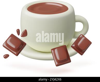 Tasse de chocolat chaud emoji 3d avec des blocs de chocolat noir. Cacao boisson tridimensionnelle mignonne illustration vectorielle réaliste isolée sur fond blanc Illustration de Vecteur