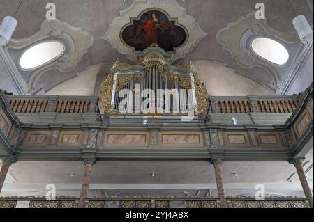 Orgue loft, orgue construit en 1783 par Elias Hoessler, église protestante de la ville de produits Maria, baroqueisée au XVIIIe siècle, Hersbruck, moyenne Franconie, Banque D'Images