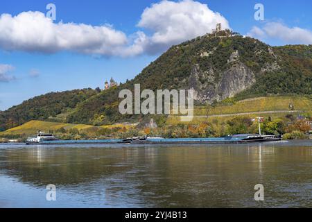 Drachenfels, une montagne dans le Siebengebirge sur le Rhin entre Bad Honnef et Koenigswinter, avec les ruines du château de Drachenfels et le château de Drachenburg, Banque D'Images