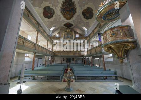 Intérieur avec loft d'orgue, orgue construit en 1783 par Elias Hoessler, église protestante de la ville de nouveaux Maria, baroqueisée au XVIIIe siècle, Hersbruck, Midd Banque D'Images