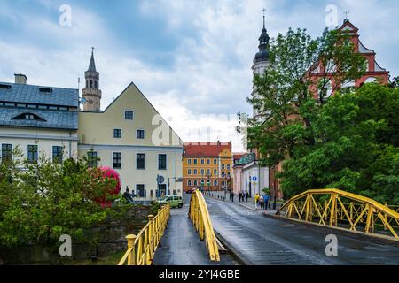 Vue depuis le Pascheke de l'île d'Oder (Wyspa Pasieka) jusqu'au centre historique d'Opole, Voïvodie d'Opole, Pologne, pour usage éditorial uniquement. Banque D'Images