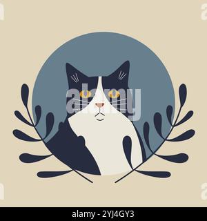 Chat noir dans le cadre carte boho esthétique. Illustration 2d de Kitty domestique. Cat Life concept, vecteur compris Décoration murale bohémienne. Mi-siècle minimaliste moderne a Illustration de Vecteur