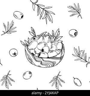 Motif sans couture avec branches et fruits d'olive dans un bol en bois. Graphique complet Illustration vectorielle dessinée à la main en noir et blanc. Peut être utilisé pour le textile Illustration de Vecteur