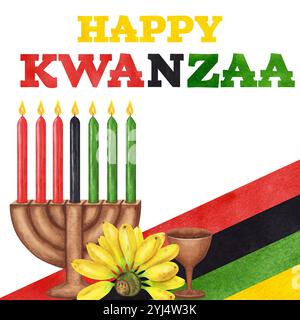 Carte postale Kwanzaa. Vacances afro-américaines. Kinara, sept bougies allumées, récolte de tasse rouge noir vert. Illustration d'aquarelle dessinée à la main isolé BA Banque D'Images