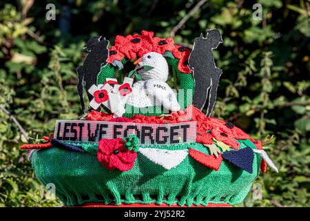 Surmatelas de boîte aux lettres « Lest We Forget » sur une boîte aux lettres rouge traditionnelle avec une haie verte derrière. Banque D'Images