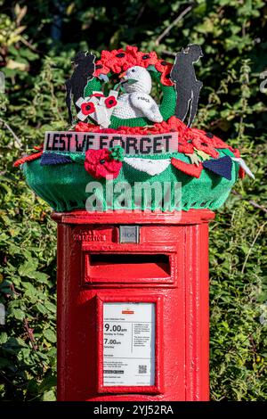 Surmatelas de boîte aux lettres « Lest We Forget » sur une boîte aux lettres rouge traditionnelle avec une haie verte derrière. Banque D'Images