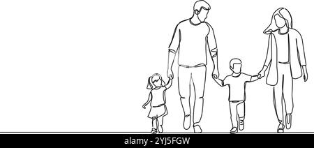 dessin simple ligne continu de maman et papa avec deux enfants marchant main dans la main, illustration vectorielle d'art au trait Illustration de Vecteur