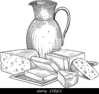 Pichet avec illustration vectorielle de tranches de lait et de fromage. Dessin de contour de produits laitiers peints par des encres noires pour livre de cuisine ou menu. Croquis linéaire de nourriture et de boissons avec cruche et produits agricoles. Illustration de Vecteur