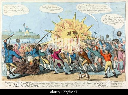 Un drôle humoristique dessin animé impression couleur gravure Peep of day boys empêchant une union en ajoutant le feu au soleil, gravure aquarelle sur papier caricatures humaines 18ème siècle ère géorgienne créé par Isaac Cruikshank antique vintage art art imprimé satitique. Une méthode irlandaise de jeter de l'eau froide sur un sujet Banque D'Images