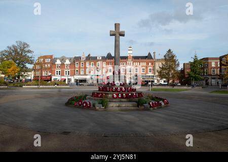 Coquelicots sur le monument commémoratif de guerre dans le centre-ville d'Exmouth, Devon, Angleterre Banque D'Images