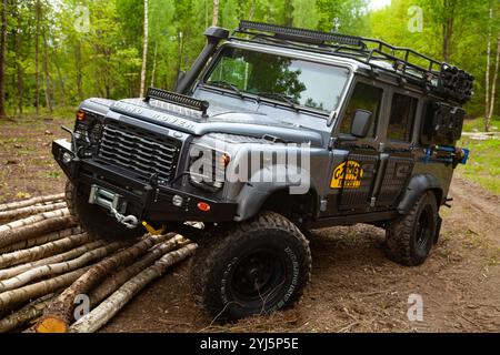 Land Rover Defender équipé dans la forêt avec tout l'équipement nécessaire - treuil, lumière supplémentaire, pneus de boue et tuba, se tient sur les bûches Banque D'Images